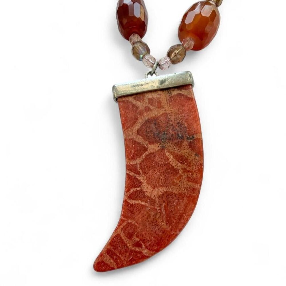 Beaded Crystal Statement Necklace Horn Tusk Red Coral Pendant Vintage - Picture 5 of 7